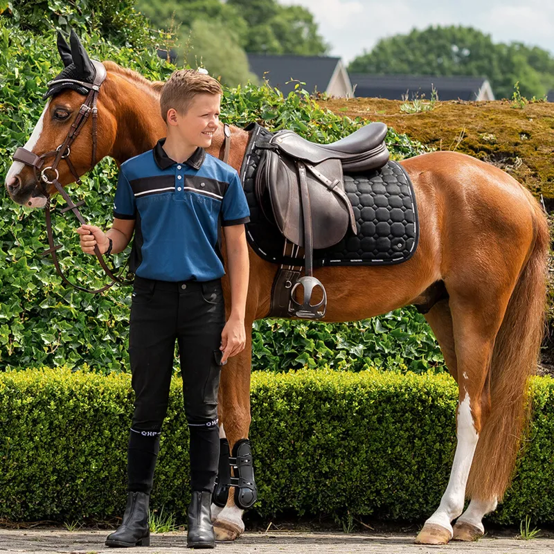 Black polo shirt with blue horse shop