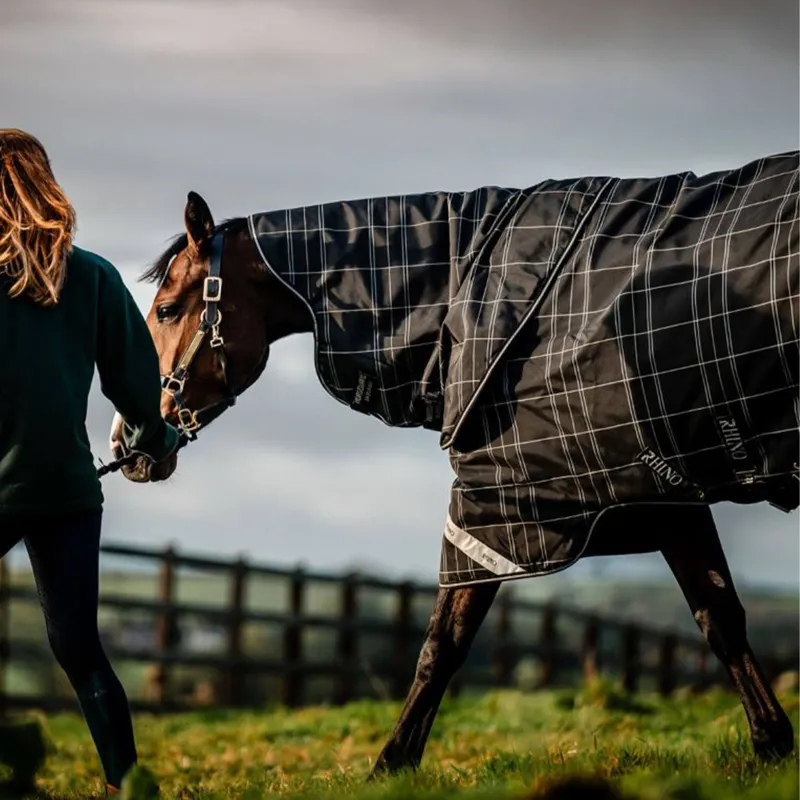 Rhino 0g Turnout Rug with 400g Liner - Black Check/Black/White-9