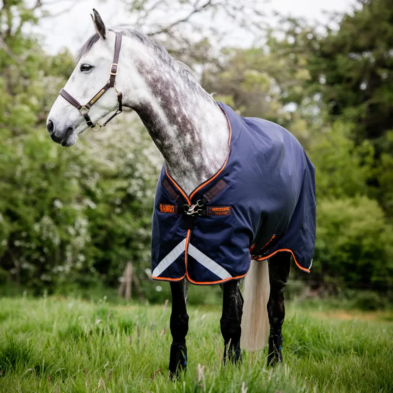 Rambo Original 100g Lite Turnout Rug with Leg Arches - Navy/Orange/Tan-1