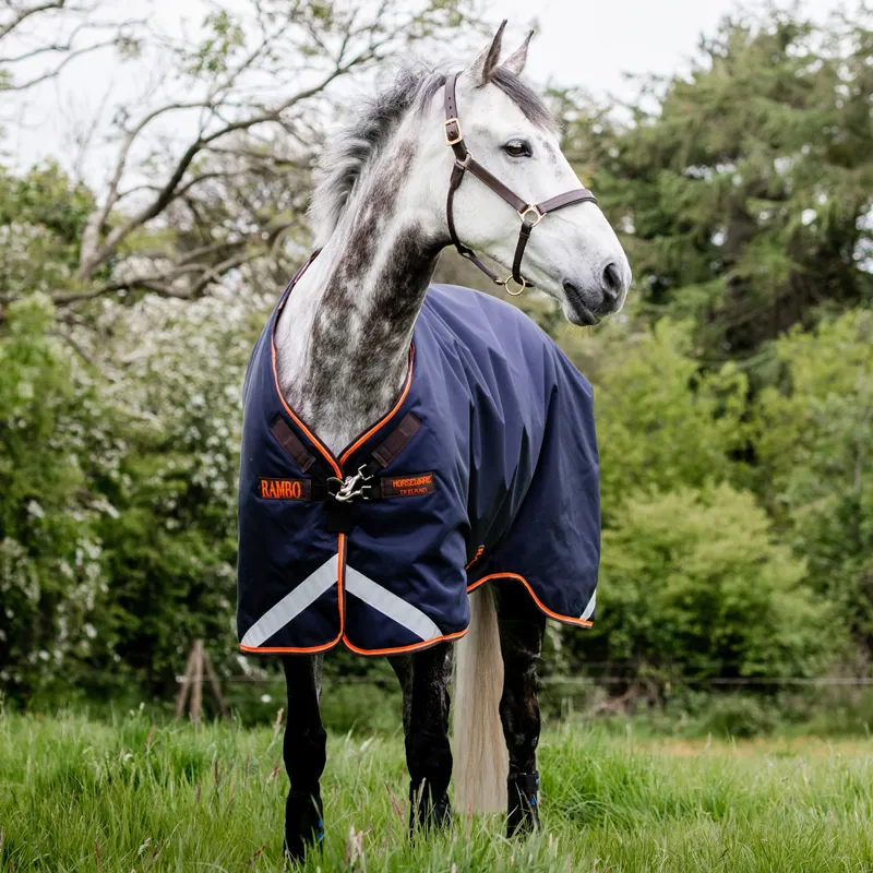 Rambo Original 100g Lite Turnout Rug with Leg Arches - Navy/Orange/Tan-2