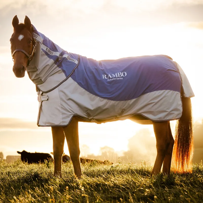 Rambo Autumn Series Detach-A-Neck 0g Turnout Rug With 100g Liner - Navy/Grey-8