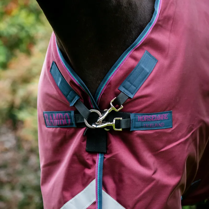 Rambo Original Lite 0g Turnout Rug with Leg Arches - Burgundy/Teal-1