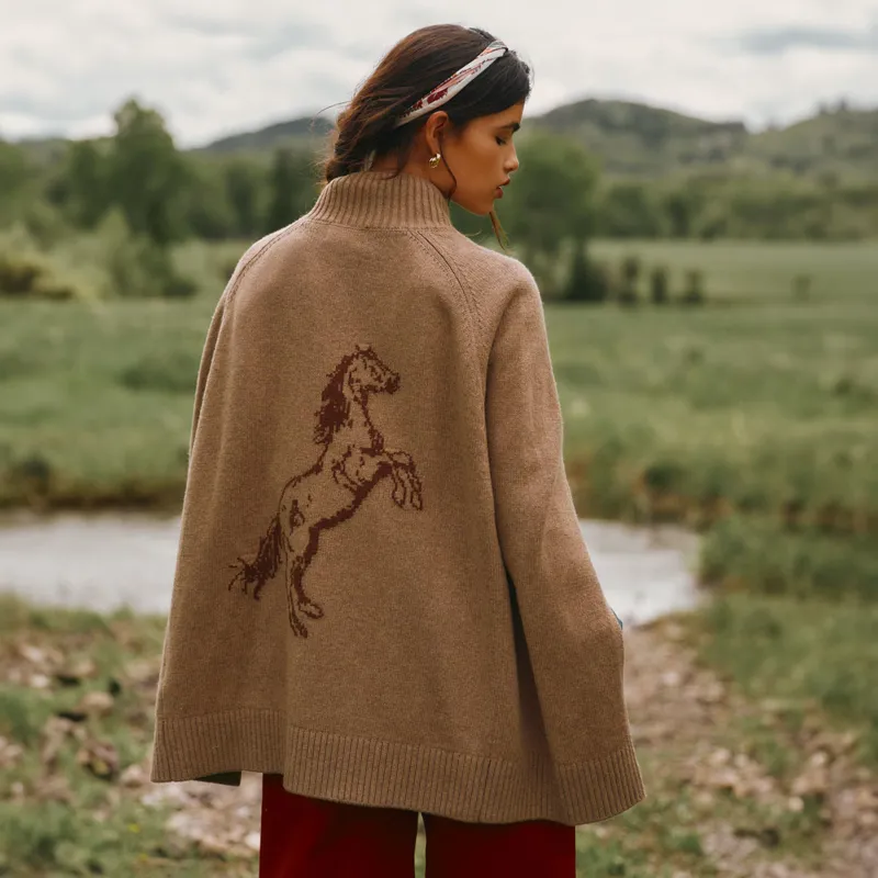 Joules Womens Knitted Cape - Tan/Horse Intarsia