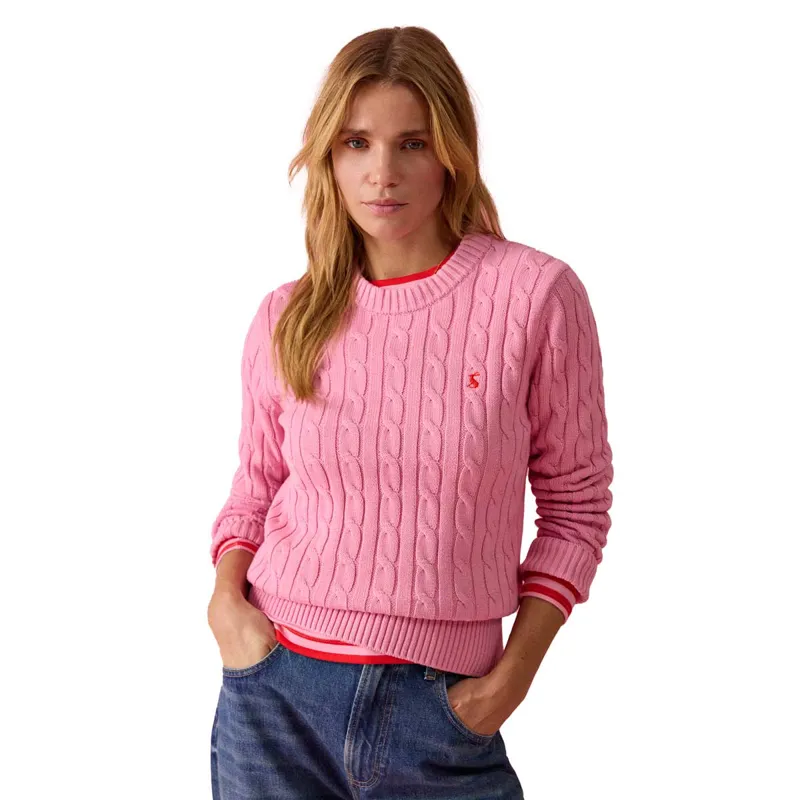 Joules Classic Cable Cotton Womens Crew Neck Jumper - Pink