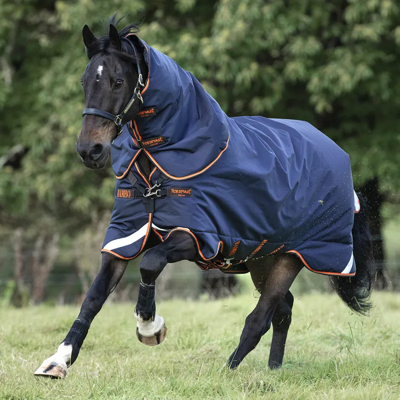 Rambo Supreme 1680D 50g Detachable Neck Turnout Rug - Navy/Orange/Tan
