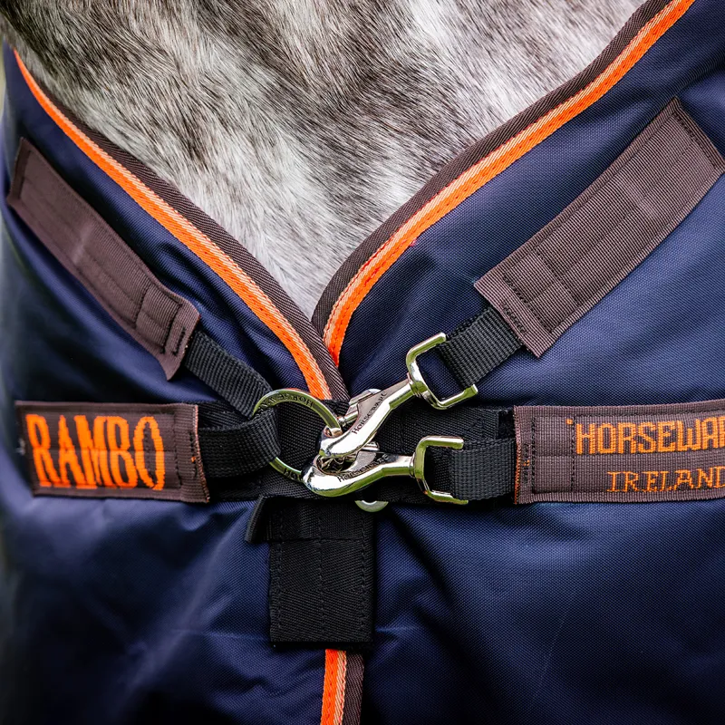 Rambo Supreme 1680D 50g Detachable Neck Turnout Rug - Navy/Orange/Tan-1
