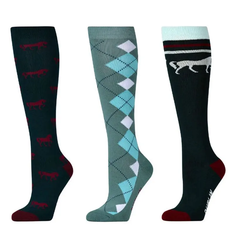 Dublin 3 Pack Womens Tall Riding Socks - Emerald Green Horses
