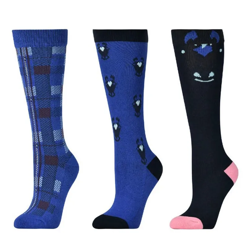 Dublin 3 Pack Junior Riding Socks - Cornflower Peekaboo Pony