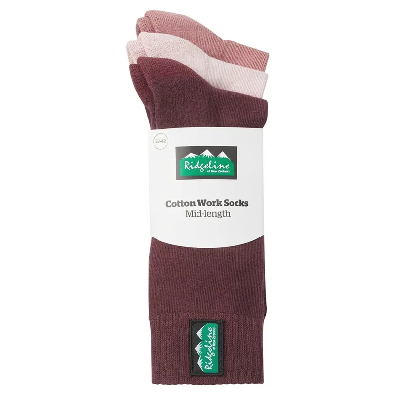 Ridgeline Cotton Work Mid Length Socks 3 Pack - Oxblood Multi