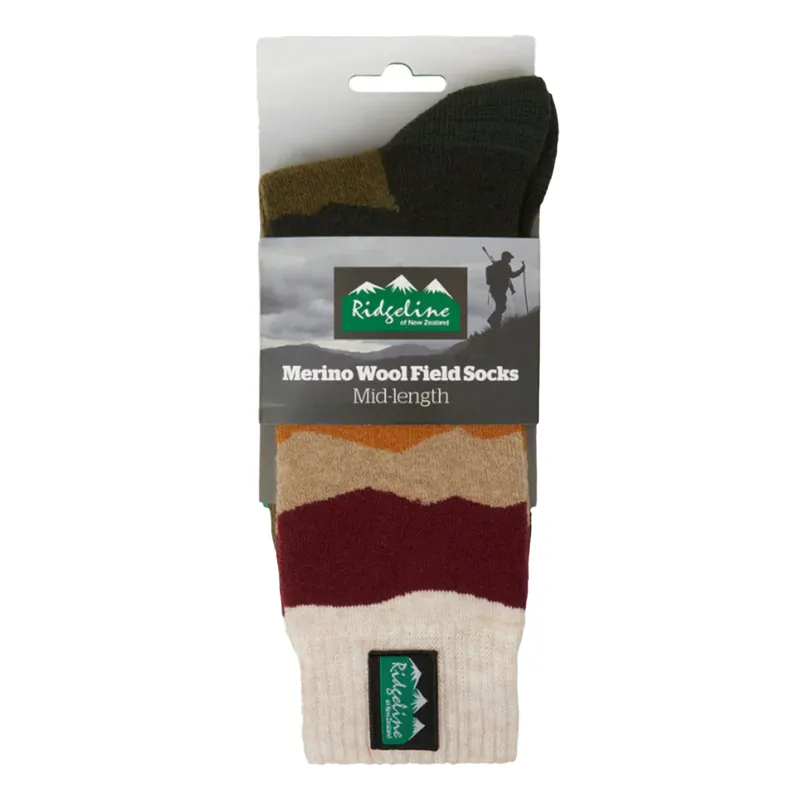 Ridgeline Unisex Merino Wool Mid Length Socks - Berry Stripe-1