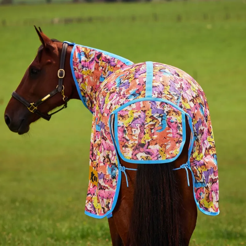 Saxon Mesh Combo Neck Fly Rug - Technicolour Horse Print-1