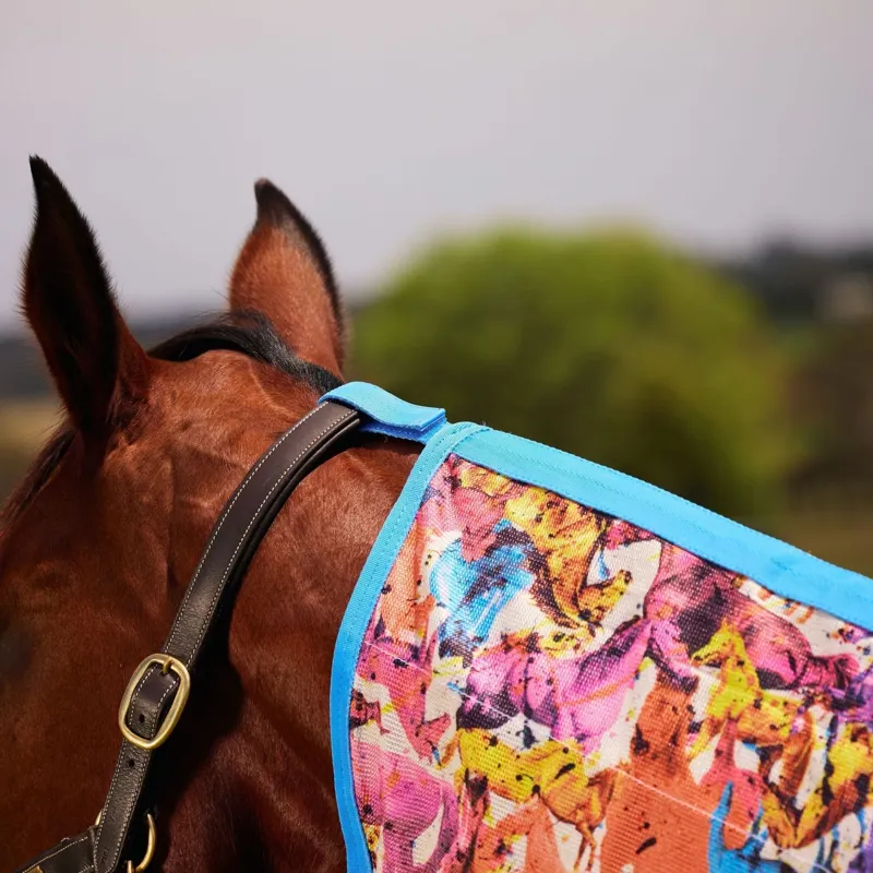 Saxon Mesh Combo Neck Fly Rug - Technicolour Horse Print-2