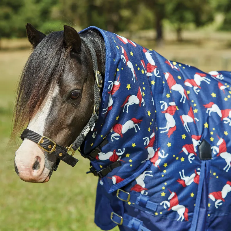 Saxon Pony 600D 180g Combo Neck Turnout Rug - Blue Unicorn Print-1