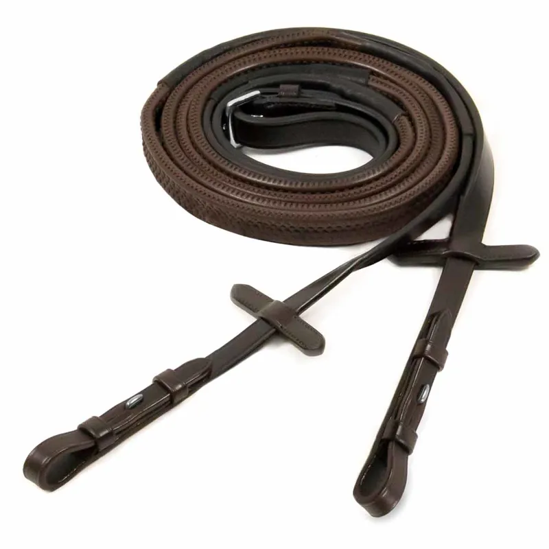 Schockemohle Rubber Grip Reins with Billets - Dark Brown/Silver-1