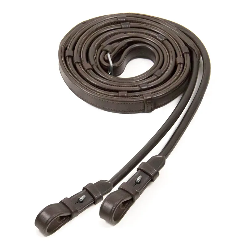 Schockemohle Rolled Inside Grip Continental Reins - Dark Brown/Silver-1