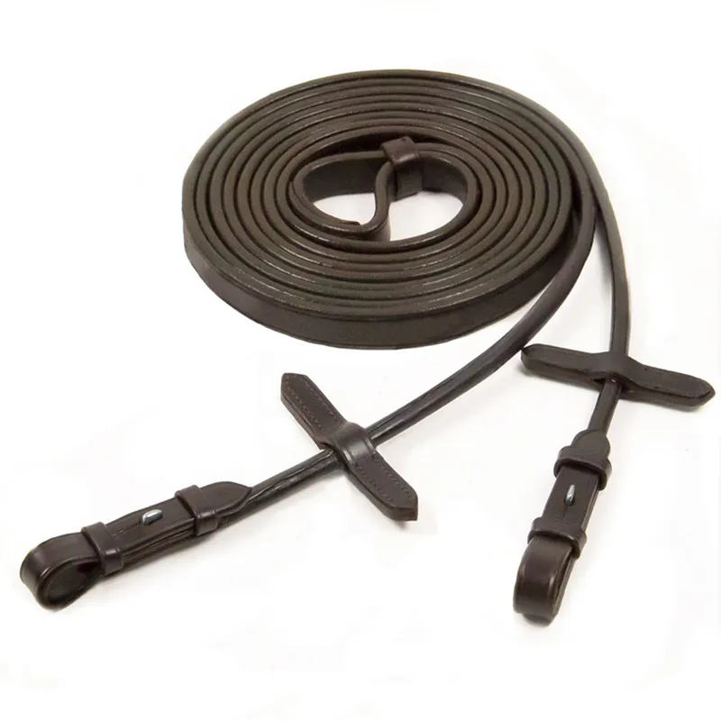 Schockemohle Double Bridle Leather Rolled Curb Reins - Dark Brown/Silver-1