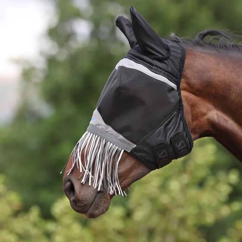 Shires FlyGuard Pro Fine Mesh Fly Mask with Ears and Fringe - Jet