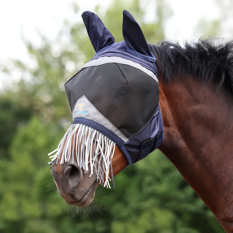 Shires FlyGuard Pro Fine Mesh Fly Mask with Ears and Fringe - Navy