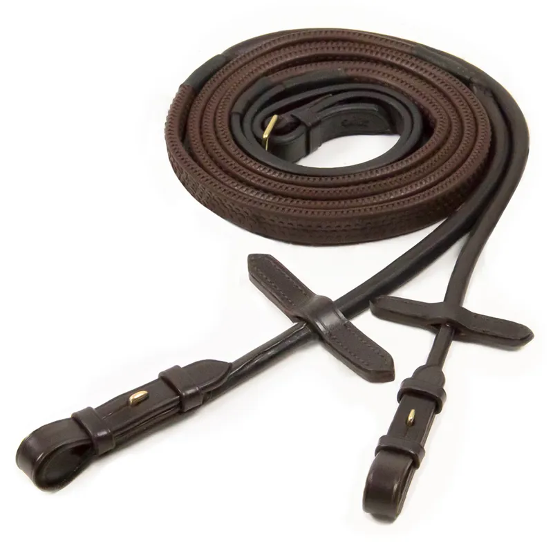 Schockemohle Rolled Rubber Grip Billet Reins - Dark Brown/Gold-1