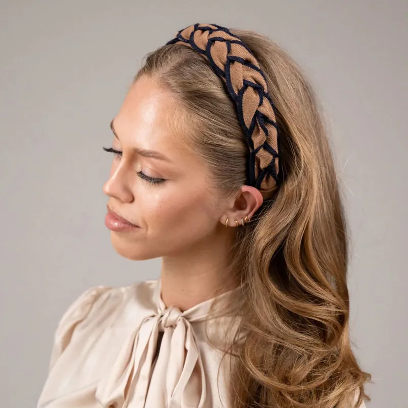 Waring Brooke Classic Signature Plait Hairband - Tan/Navy-1