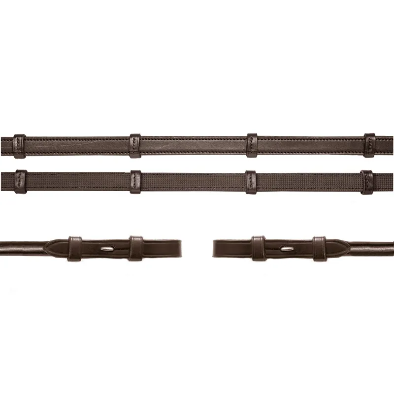 Schockemohle Rolled Inside Grip Continental Reins - Dark Brown/Silver