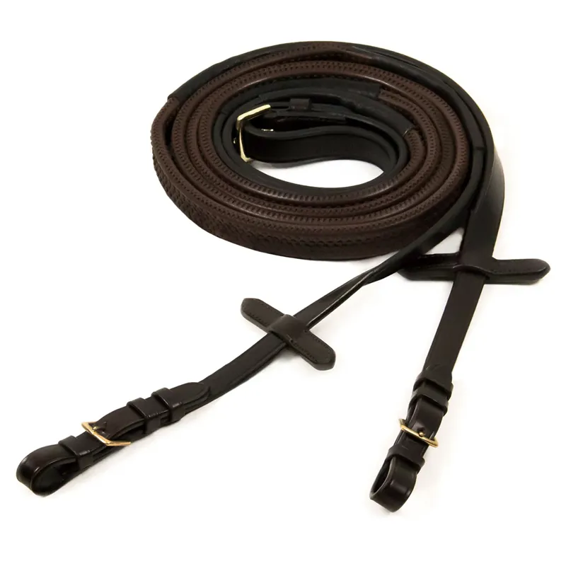 Schockemohle Rubber Grip Reins with Buckles - Dark Brown/Gold-1