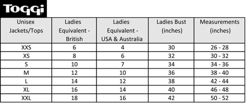 Toggi Size Guide